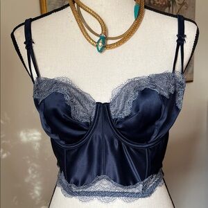 Victoria’s Secret Unlined Longline Balconet Bra Top Navy/Lace Trim size 32DDD